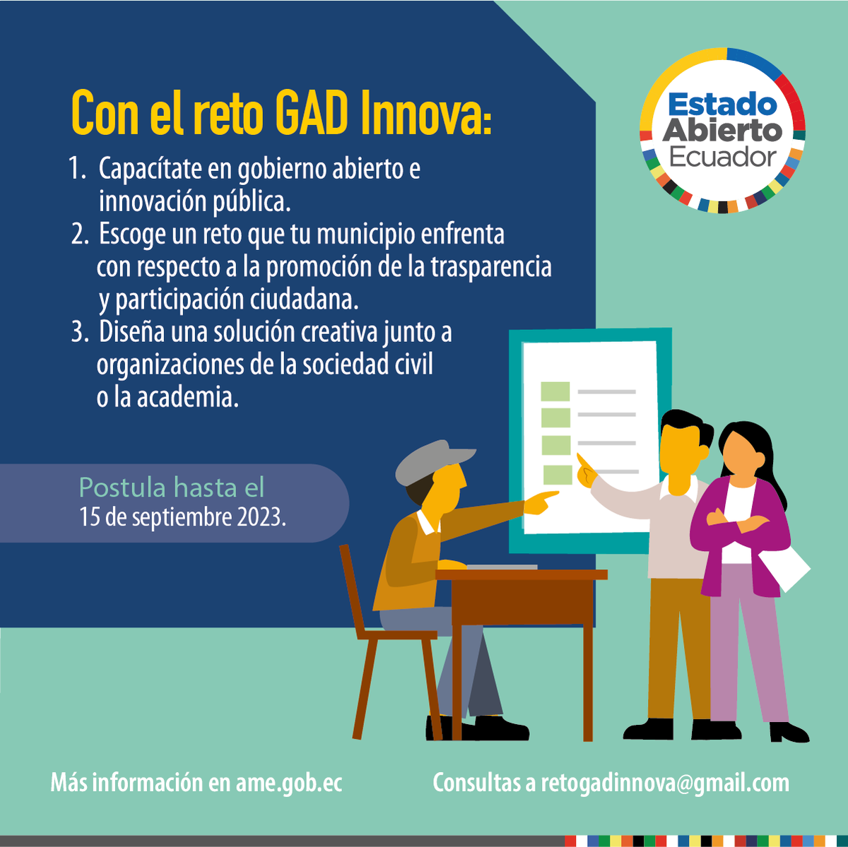 datalat's tweet photo. 🙌Mejora la transparencia y la participación ciudadana en tu municipio con el reto #GADInnova.
¿Quiénes pueden participar?:
👉 Alcaldías,
👉 Empresas públicas municipales,
👉 Instituciones adscritas a los municipios.
🔗https://t.co/Vhv3UFspgg

#EstadoAbiertoEc
#GADMasAbiertos https://t.co/RLZLnA7edZ