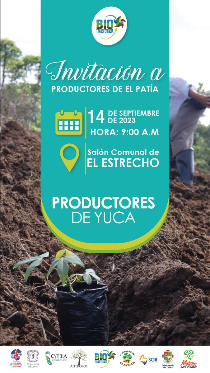 bio_transf's tweet photo. A los productores de El Patía los invitamos a que se reúnan con nosotros este jueves 14 de septiembre. 

🚩Estaremos en el Salón comunal de EL ESTRECHO 

Les transferiremos nuestro conocimiento y nosotros el de ustedes y podrán recibir un banco comunal de semillas de yuca 🌱 https://t.co/3PgFMynL3R