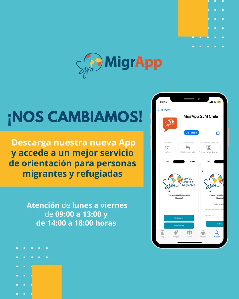 SJMChile's tweet photo. 📣 ¡𝐍𝐨𝐬 𝐚𝐜𝐭𝐮𝐚𝐥𝐢𝐳𝐚𝐦𝐨𝐬! Desde hoy ya puedes descargar la nueva versión de la aplicación gratuita #MigrApp para que sigas comunicándote con expertos en temas de regularización migratoria. Si ya tienes la App debes eliminarla y volver a descargarla. https://t.co/EoJnHji4B5