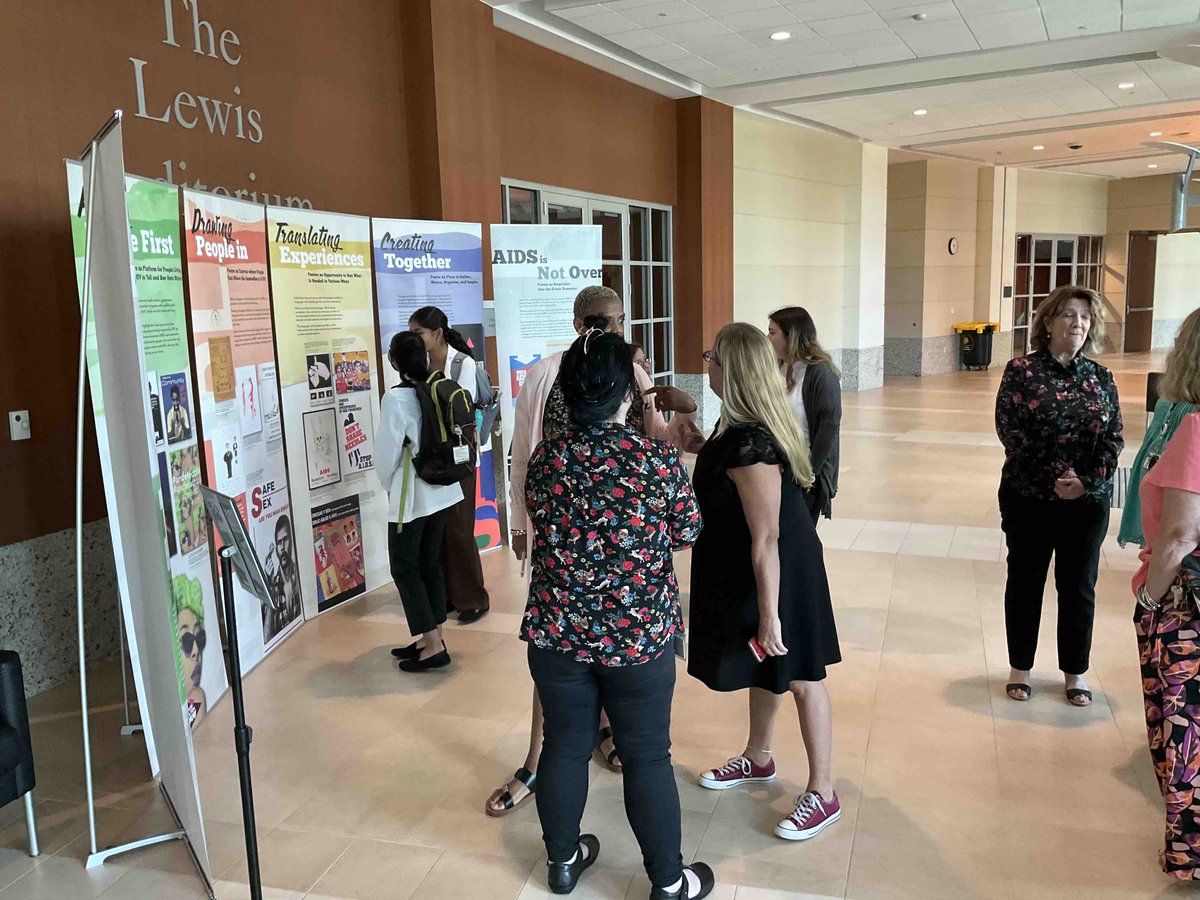 ucfcomhsl's tweet photo. Today's panel discussion on @NLM_NIH's traveling exhibit, “AIDS, Posters &amp; Stories of Public Health,” was a big hit! Thank you to @ourmedschool's Dept of Pop Health Sciences faculty for sharing their expertise: Drs. Eric Schrimshaw, Sixiao “Vivian” Liu, and Omar Martinez 👏 https://t.co/wAw7JqqVdH