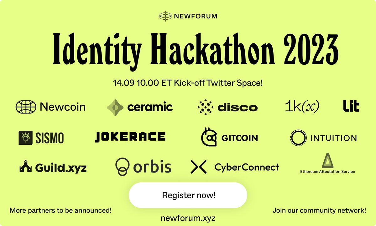 ⚡️ Less than 2 days until our #IdentityHackathon kick-off Twitter Space at 10 am ET, 4pm CET on 14.09!

🗓️ Mark your calendars and set the reminder!

                                               👆