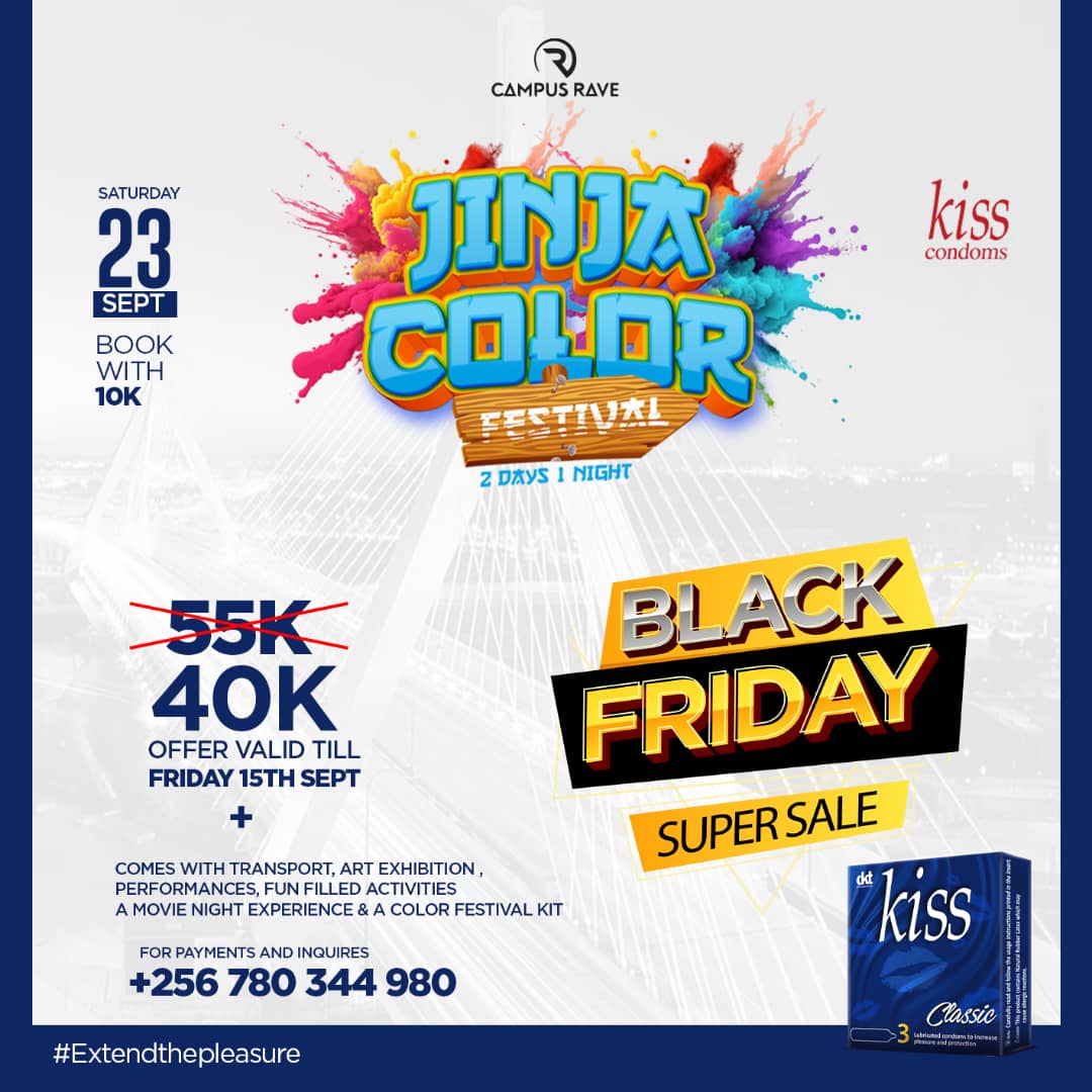 Kano kapya ate Kali very serious. Come join us this September as we hit the road to Nile Nest Jinja for the Jinja Color Fetival.Get ready to be part of this amazing happiness with <a href="/campusraveug/">CAMPUS RAVE UG🔥</a>  here's an offer from kiss condoms , don't miss out contact  the numbers on the poster