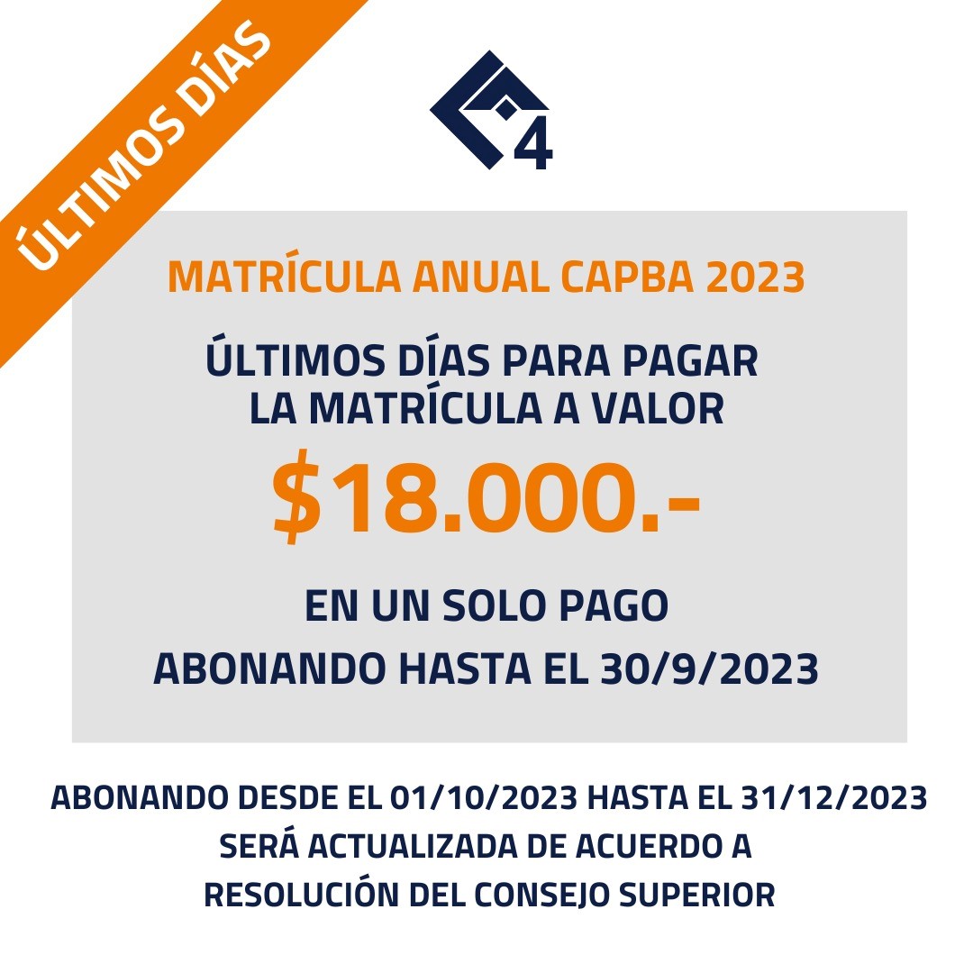 Información importante:
ULTIMOS DÍAS PARA PAGAR LA MATRÍCULA A VALOR $18.000 EN UN SOLO PAGO ABONANDO HASTA EL 30/09/2023.