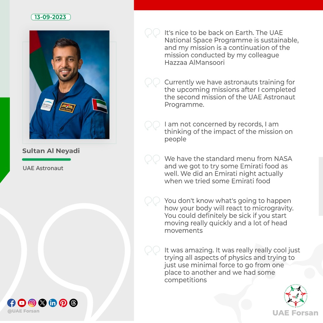UAE_Forsan's tweet photo. Sultan Al Neyadi: The UAE National Space Programme is sustainable, and my mission is a continuation of the mission conducted by my colleague Hazzaa AlMansoori
#UAE #ZayedAmbition #SafeReturnSultan #TheLongestArabSpaceMission
@Astro_Alneyadi
@MBRSpaceCentre
@NASA
@NASA_Johnson https://t.co/WQGqp2csAn