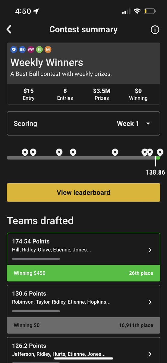 thumb_NFLscout's tweet photo. @HammersGinger @playerqDFS We had the same exact score lmao🤣 I wonder when the weekly winner payouts are going to start rolling out? https://t.co/9c3NJwn4aJ