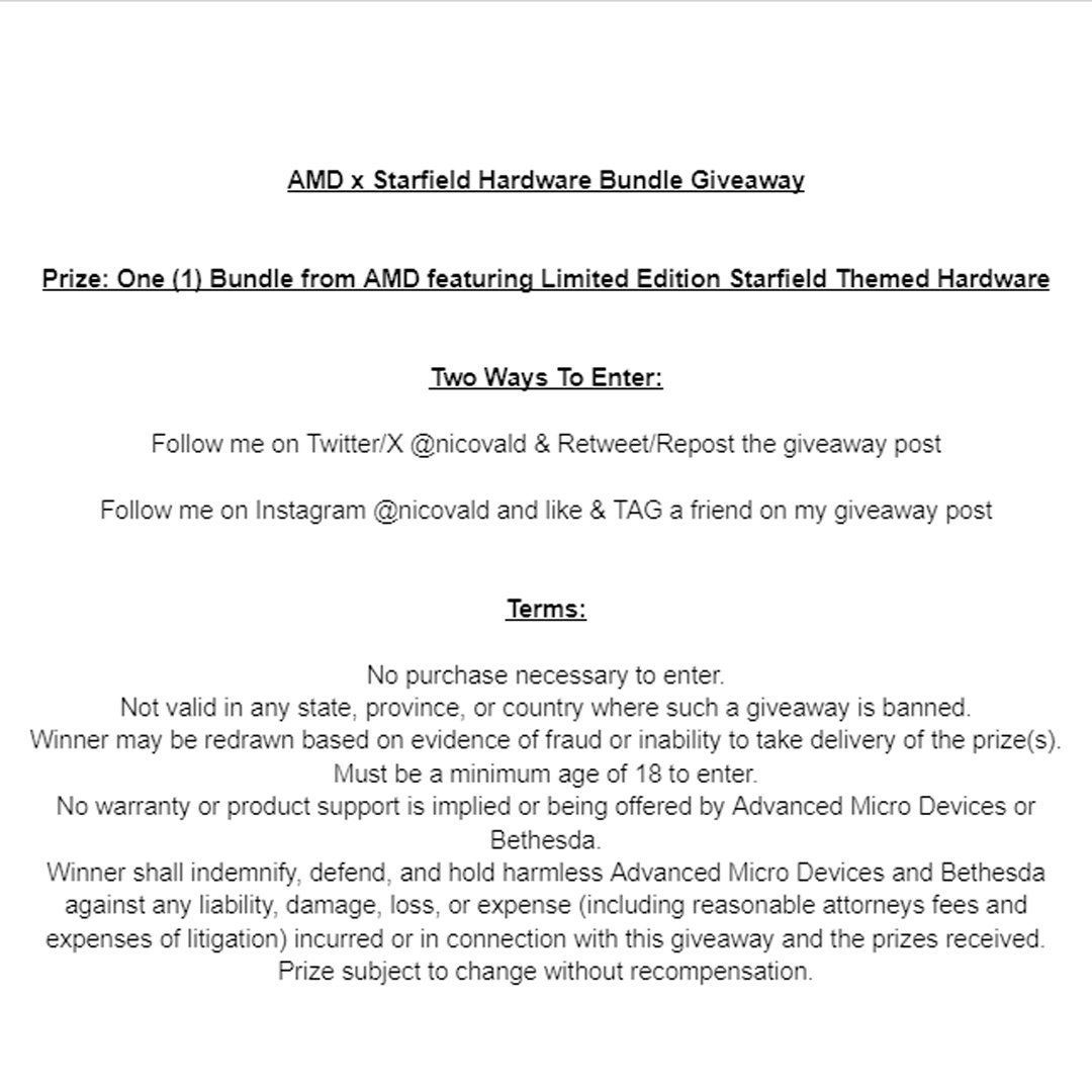 🔁 Retweet &amp; Follow <a href="/nicovald/">Nico</a> &amp; <a href="/AMD/">AMD</a> To Enter! 🔁

Giving away a Starfield Bundle!

#AMDPartner #SponsoredByAMD #GameOnAMD
<a href="/StarfieldGame/">Starfield</a>