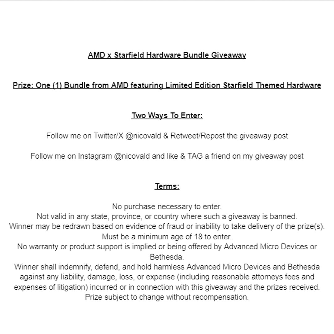 🔁 Retweet & Follow @nicovald & @AMD To Enter! 🔁

Giving away a Starfield Bundle!

#AMDPartner #SponsoredByAMD #GameOnAMD
@StarfieldGame