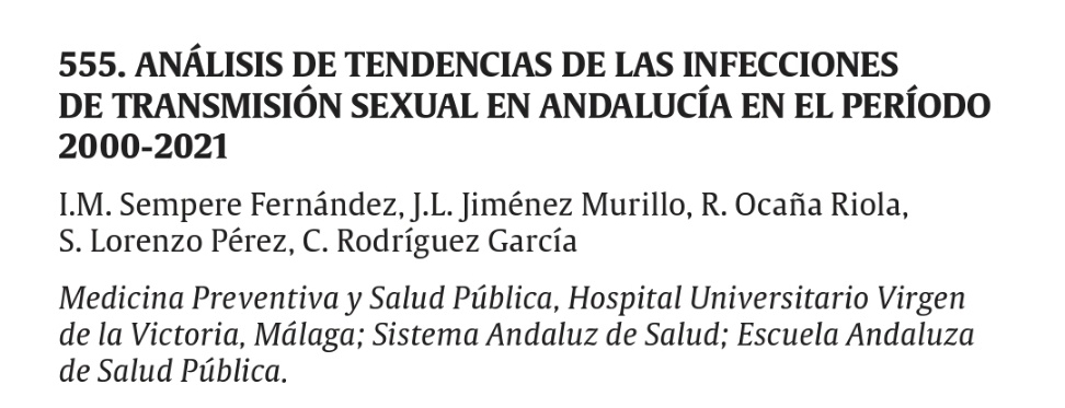 JLJMurillo's tweet photo. Premian el trabajo de Irene Sempere "Análisis de Tendencias de las ITS en Andalucía" 🦠 otorgado por la Sociedad Española de Epidemiología a las mejores comunicaciones de quienes se estrenan en su congreso.

La Dirección General de Salud Pública lo premió en 2022. 

¡FELICIDADES! https://t.co/QNOOmVm7z7