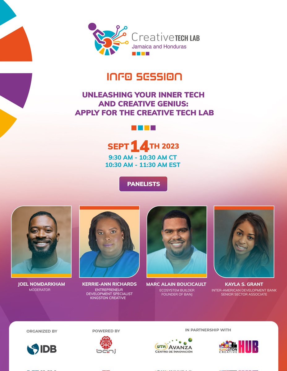 CreativeTLab's tweet photo. Are you a techie or a creative working in Jamaica? This opportunity is for you.
Join us in this first info session and learn more about.
Zoom link: https://t.co/nddsHtscIm
#CreativeTechLab #innovation #Jamaica #Honduras https://t.co/k48Wz652yF