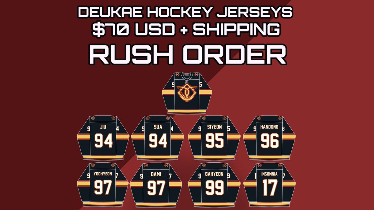 [RUSH ORDER]
Deukae Hockey Jerseys Re-Stock

Quick restock due to multiple requests!

Deadline: September 16th 2023 @ 11:59PM PDT
Price: $70 USD 
Shipping order form link: forms.gle/DLmeEfWmcCrKU3…