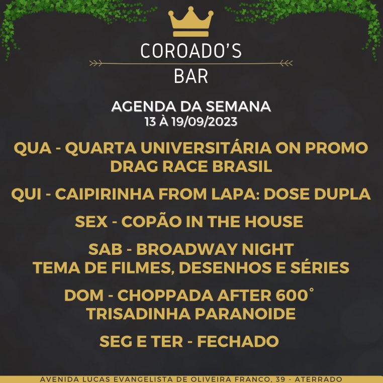 coroadosbar's tweet image. Programação da semana 👑

Saiba mais em Instagram.com/coroadosbar
