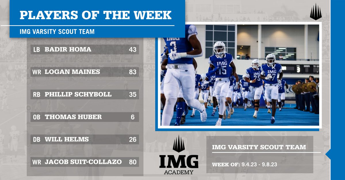 Kyle Brey (@coachkylebrey) on Twitter photo 🏆Congratulations IMG Varsity Football Program Players of the Week!
📷FHSAA Week #3
<a href="/IMGAFootball/">IMG Academy Football</a> #Brotherhood 🏆Congratulations IMG Varsity Football Program Players of the Week!
📷FHSAA Week #3
<a href="/IMGAFootball/">IMG Academy Football</a> #Brotherhood