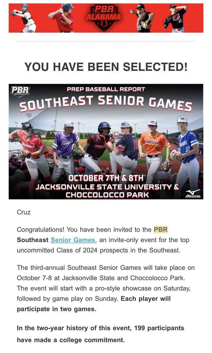 Blessed to receive an invite to PBR Southeast Senior Games. Excited for the opportunity! @PBR_Alabama @PBR_Uncommitted <a href="/FloFalBaseball/">Florence Baseball</a> <a href="/dingernationbb/">Dinger Nation</a>