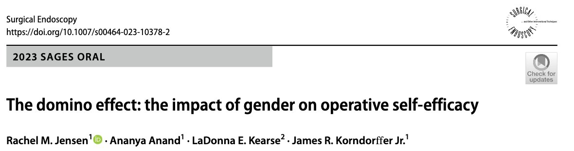 Ananya Anand (@ananyaanandmd) on Twitter photo Hot off the press! We describe a Domino Effect where female surgical residents receive less operative independence compared to males, which may contribute to perceived lower self-efficacy. Read in
<a href="/SurgEndosc/">Surgical Endoscopy</a> here!: rdcu.be/dlTxk. <a href="/racheljensenMD/">Rachel Jensen</a> <a href="/signedDrK/">LaDonna Kearse, MD</a> Hot off the press! We describe a Domino Effect where female surgical residents receive less operative independence compared to males, which may contribute to perceived lower self-efficacy. Read in
<a href="/SurgEndosc/">Surgical Endoscopy</a> here!: rdcu.be/dlTxk. <a href="/racheljensenMD/">Rachel Jensen</a> <a href="/signedDrK/">LaDonna Kearse, MD</a>