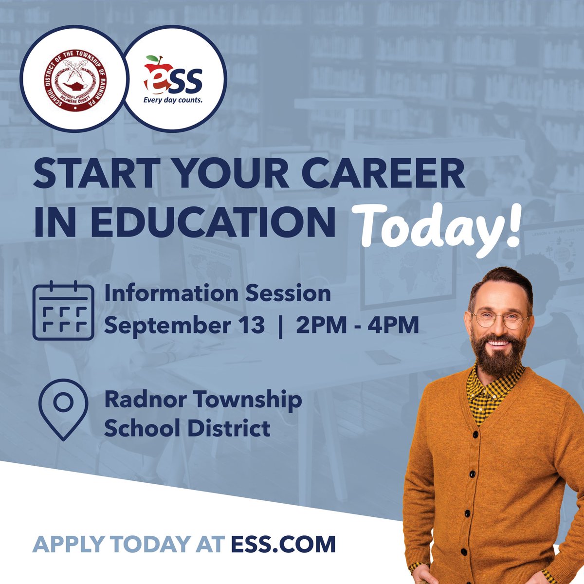 Radnor Township School District (@radnortsd) on Twitter photo Join us for an info session for substitute school positions on Wednesday, September 13, from 2-4 PM at the Radnor Township School District Administration Building (135 S. Wayne Ave.). Contact Marie Bray with questions MBray@ess.com Join us for an info session for substitute school positions on Wednesday, September 13, from 2-4 PM at the Radnor Township School District Administration Building (135 S. Wayne Ave.). Contact Marie Bray with questions MBray@ess.com