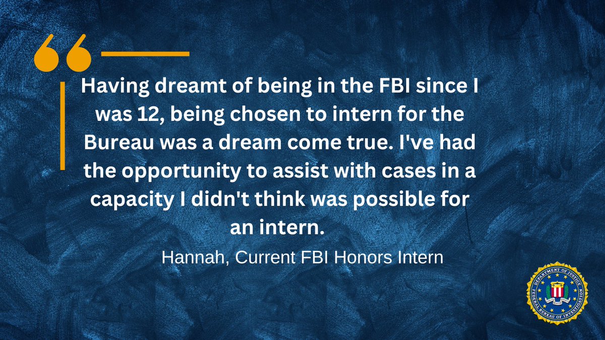 FBIAlbuquerque's tweet photo. There are 8️⃣ days left to apply for the FBI Honors Internship Program! 📚🍎 Is joining the FBI your dream? Check out https://t.co/ZJEMIjpB68 for the application and eligibility requirements.  #FBIinternship #InternshipOpportunity #CareerGoals #FutureFBIAgent https://t.co/3DOvcviYEn