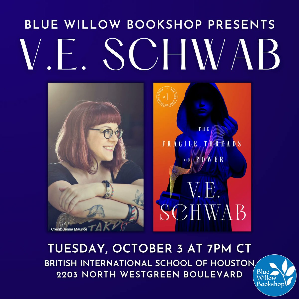 Don't miss our upcoming event with #1 New York Times bestselling author @veschwab! We'll be celebrating her new book, THE FRAGILE THREADS OF POWER. ✨ Seating is limited—get your tickets now, #Houston! bluewillowbookshop.com/event/schwab-2… @torbooks