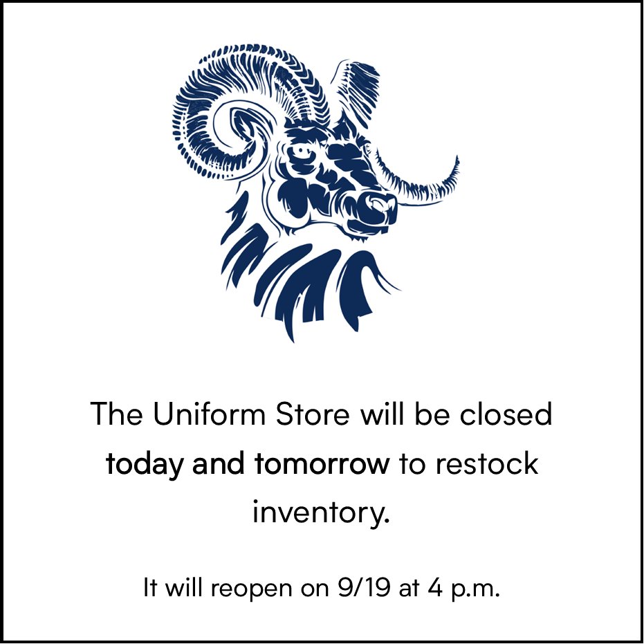 The Uniform Store will be closed this week (today and tomorrow) to restock inventory. Logowear, khakis, and polos have arrived! It will reopen on Tuesday, September 19 at 4 p.m. We appreciate your patience. Please contact Angela Viera at aviera@oanv.org with any questions.