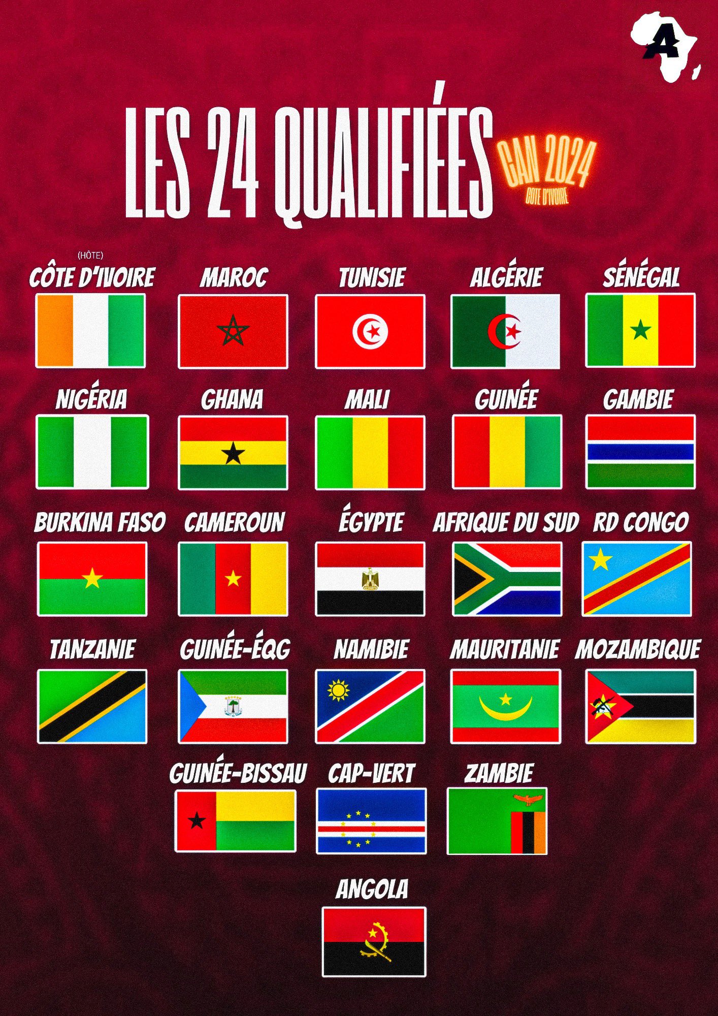 🏆 Actu Foot Afrique on X: 🚨 OFFICIEL : LES 24 PAYS QUI DÉFENDRONT LEURS  COULEURS POUR LA CAN 2024 EN CÔTE D'IVOIRE ! 🌍🇨🇮✓   / X