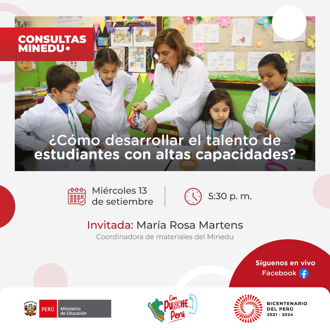 MineduPeru's tweet photo. 🔸 Descubre cómo potenciar las altas capacidades de tu hijo en un entorno de apoyo y estimulación.🚀 💡
Te esperamos este miércoles a las 5:30 p. m. ⏰ en #ConsultasMinedu.
¡No te lo pierdas!
#EducaciónBásicaEspecial #AltasCapacidades #Panets #Minedu https://t.co/rtESOZkWY4