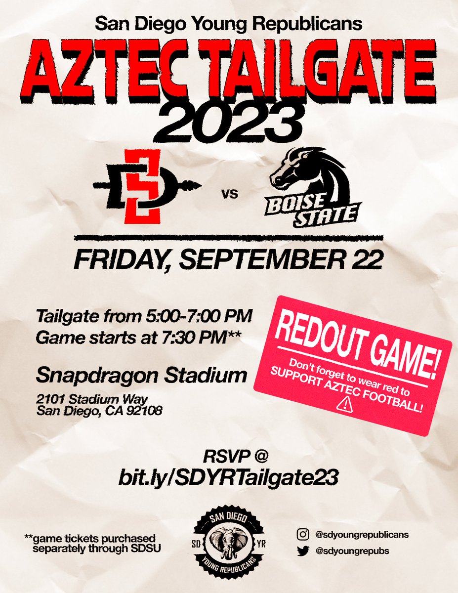 SDYoungRepubs's tweet photo. 🏈 TAILGATE ALERT! Join #SDYR on Sept 22 @ Snapdragon Stadium to cheer on our SDSU Aztecs in their game against Boise State. 🔥 Make sure to WEAR RED! ⚠️ Tickets sold separately via SDSU. 🔴🦅 RSVP 🔗 in bio! #SDYRTailgate2023 #AztecFootball #RedoutGame 🇺🇸❤️‍🔥 https://t.co/ZoequUy0q9