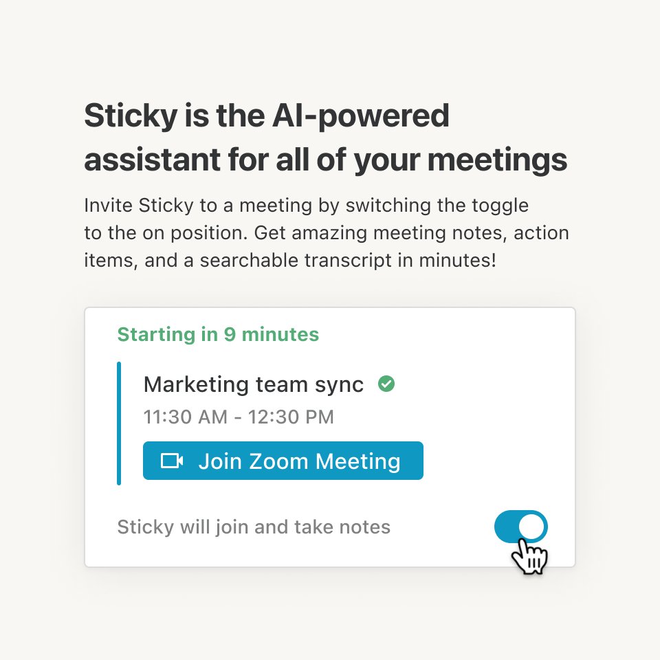 andrwlassetter's tweet image. 🚀 Update: Sticky AI Notetaker is now available to all Sticky customers! 🚀

As of this morning, Sticky AI Notetaker available to everyone with a Sticky account.

Invite Sticky to your meetings and get meeting notes, action items, and transcripts, automatically.

@RealStickyApp
