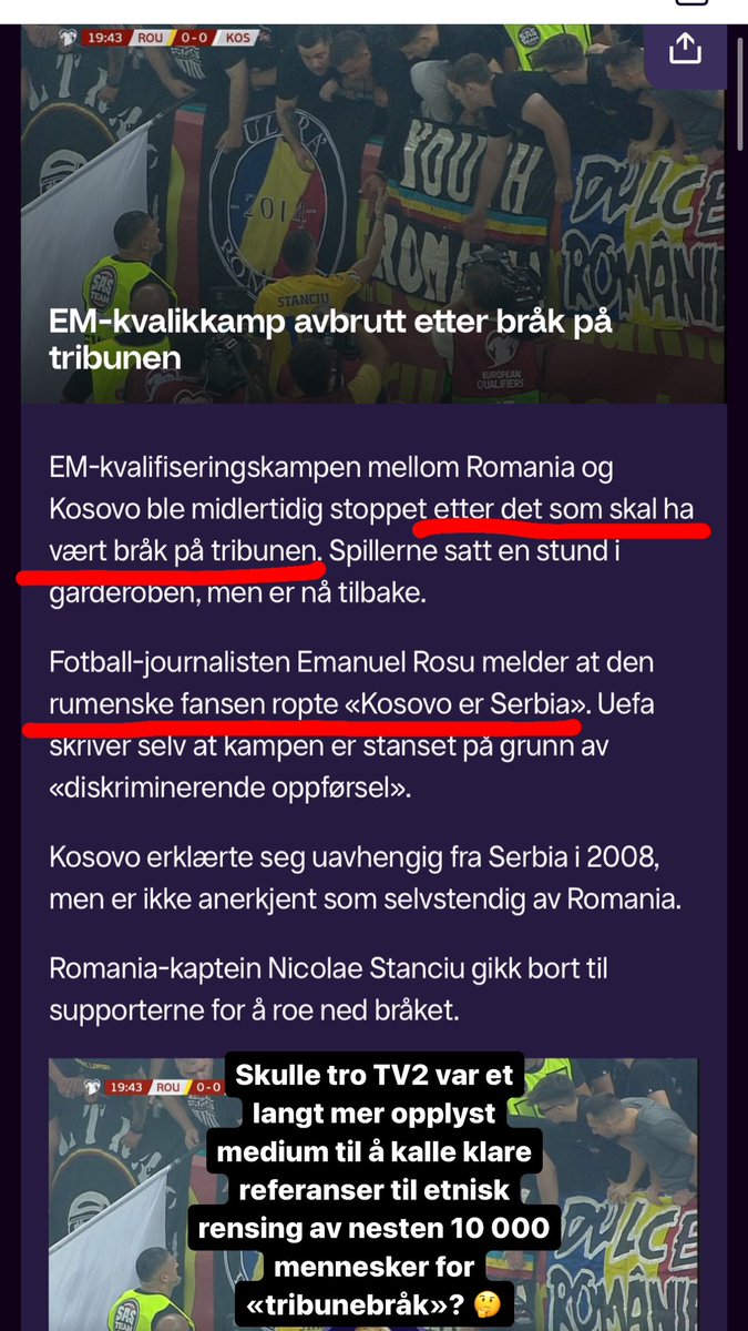 Skulle tro <a href="/tv2sport/">TV 2 Sport</a> var et langt mer opplyst medium til å kalle klare referanser til etnisk rensing av nesten 10 000 mennesker for «tribunebråk»? 🤔