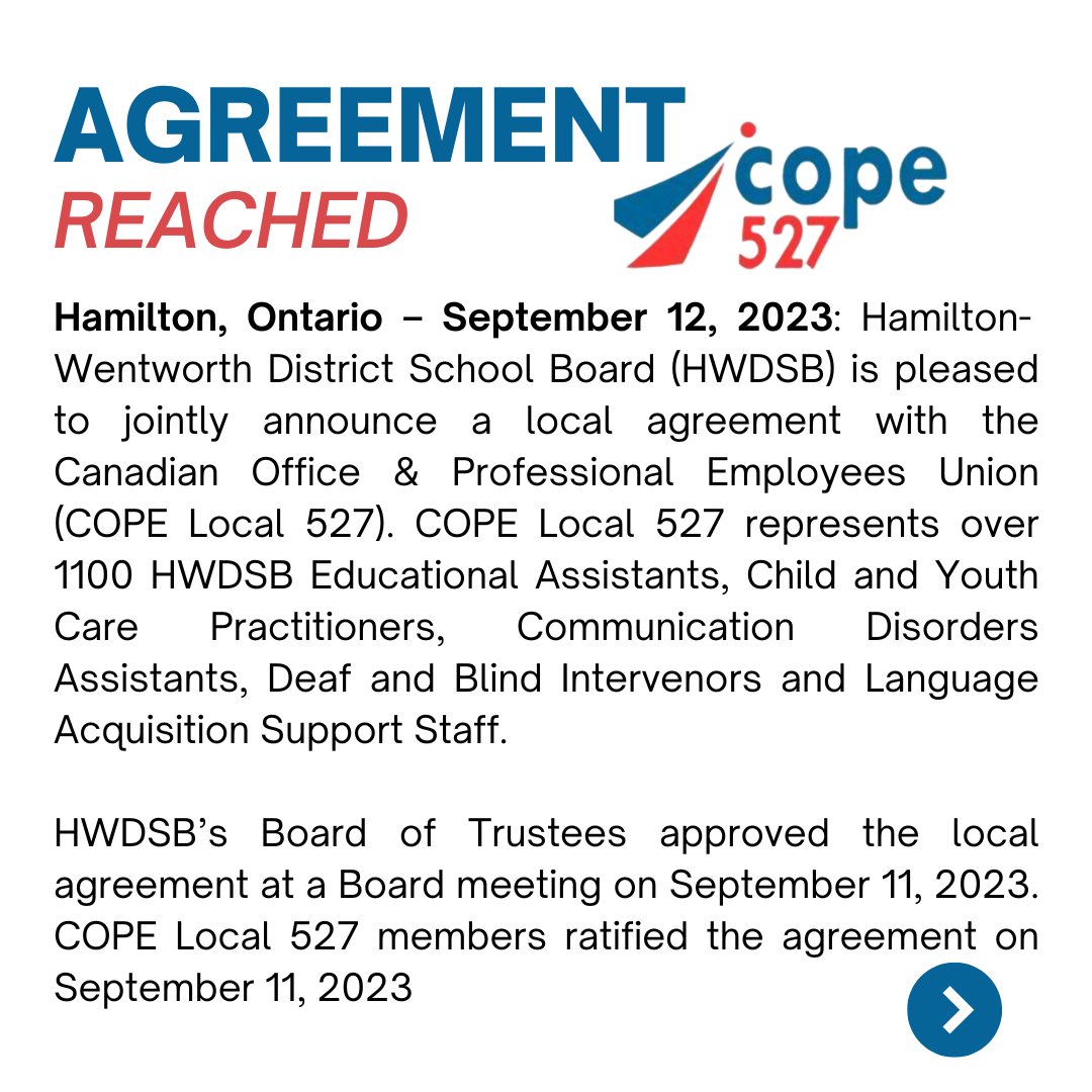 Cope527's tweet photo. An agreement has been reached between @HWDSB and @Cope527. #HamOnt #UnionProud #OntEd @COPEOnt /1 https://t.co/Cf2EWYJ1gv