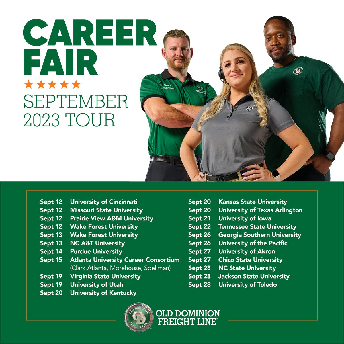 ODFLPeople's tweet photo. @ODFL_Inc is touring the country this fall for College Career Fair season. Check out our September dates below and see when we're coming to your campus. #BestInTheGame #CareerFair https://t.co/kGHlEo1SEn