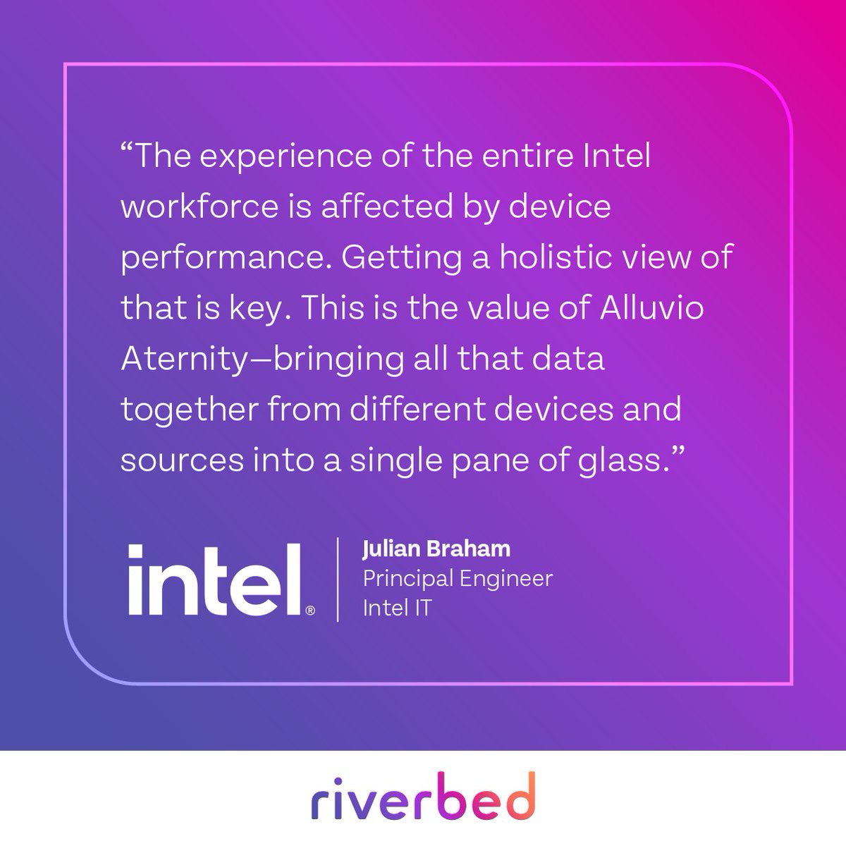riverbed's tweet image. .@intel’s IT teams needed a better way to monitor and troubleshoot #enduser issues across their #WFA workforce. 💻 Our Aternity DEM solution gave #Intel the #visibility needed to increase uptime, productivity and cost savings. Read our customer story: rvbd.ly/3PDVZBz