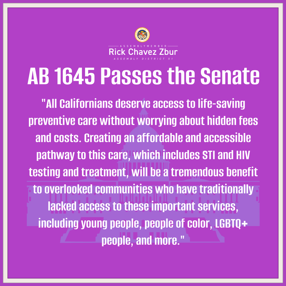 AsmRickZbur's tweet photo. So proud to see that AB 1645 – Enhanced Consumer Protections for Preventive Care – has passed out of the Senate. Thank you, @SenSusanEggman, for presenting on the Senate Floor! And thank you to our sponsors @ICRicardoLara, @APLAHealth, @SFAIDSFound, @LALGBTCenter & @eqca! #caleg https://t.co/b2VEugUoXQ