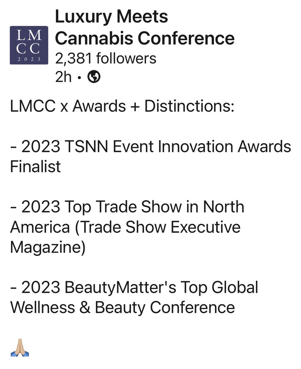 This just in.

Very grateful to 2023 and <a href="/LMCCShow/">LuxuryMeetsCannabis</a> 🙏🏼