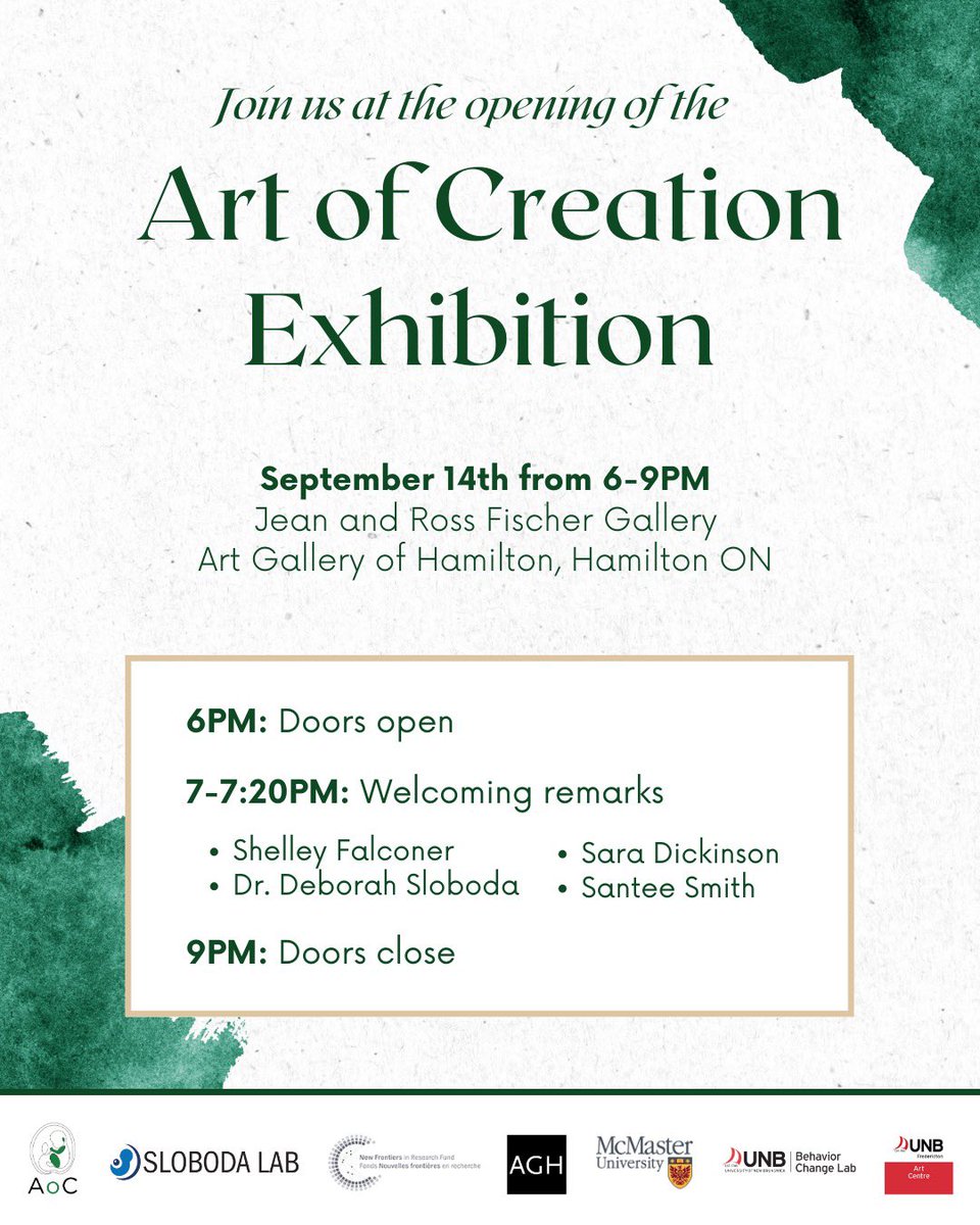 The Art of Creation Exhibition opening is THIS THURSDAY at @TheAGH 🎉

Doors open at 6pm - see you there!

#McMasterUniversity #HamOnt #DOHaD #Art