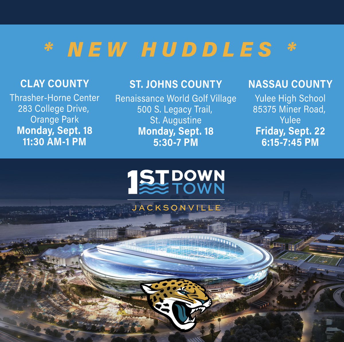 1stDownTown (@1stdowntownjax) on Twitter photo π£ Attention <a href="/Jaguars/">Jacksonville Jaguars</a> fans in Clay, St. Johns & Nassau! Join us next week as we continue our series of Stadium of the Future community huddles. Team President Mark Lamping will share our vision for the sports & entertainment district, conceptual renderings & answer questions. π£ Attention <a href="/Jaguars/">Jacksonville Jaguars</a> fans in Clay, St. Johns & Nassau! Join us next week as we continue our series of Stadium of the Future community huddles. Team President Mark Lamping will share our vision for the sports & entertainment district, conceptual renderings & answer questions.