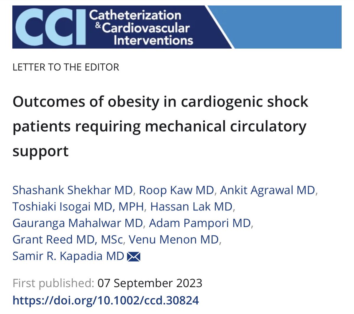 Excited to share our article published in the @ccijournal Thank you so much Drs. @tavrkapadia @venumenon10 @GrantReedMD! @brownshekhar @toshiaki_isogai @Hasanmehmoodlak @GaurangaMD