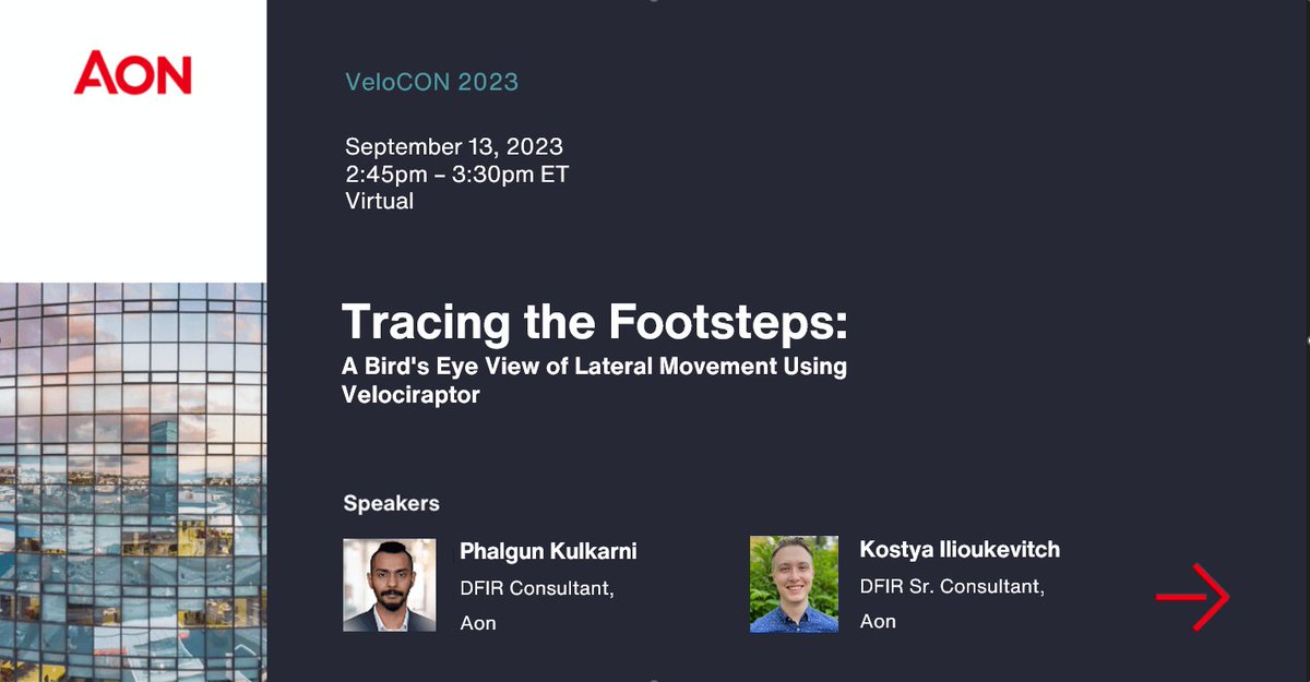 Identifying lateral movement of threat actors is one of the most crucial analysis steps in incident response.
 
Join Phalgun and Kostya at #VeloCon2023 as they discuss several forensic artifacts that track lateral movement. 

In this talk, they will also introduce our new