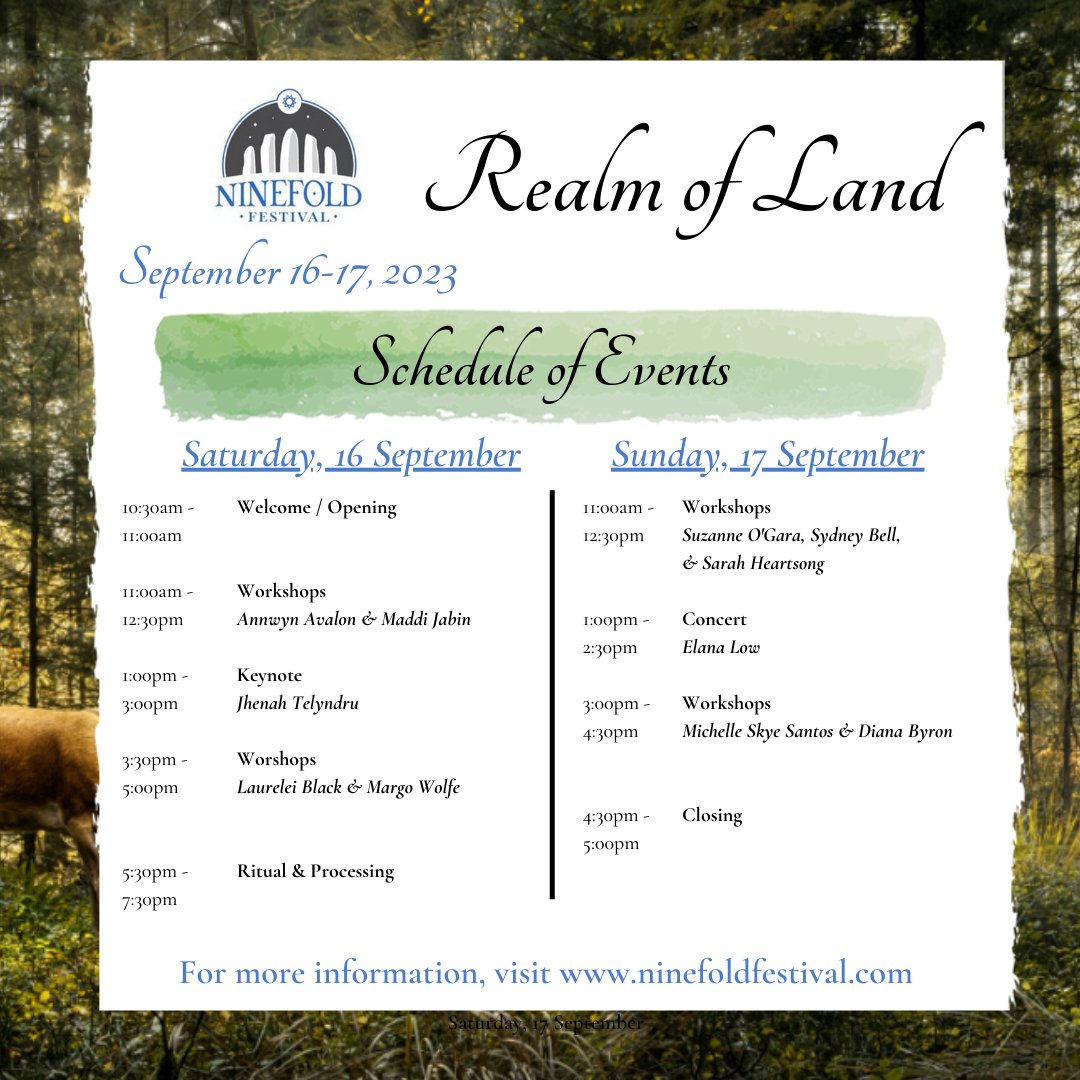 Get your tickets to this weekend's @NinefoldFest featuring #YnysAfallon, Elana Low, #WatersofAvalon, Sydney Bell, Laurelei Black, Diana Byron, Sarah Heartsong, Maddi Jabin, Suzanne O'Gara, Michelle Skye Santos, and Margo Wolfe.

ninefoldfestival.com
Tickets: $30, $60, or $90