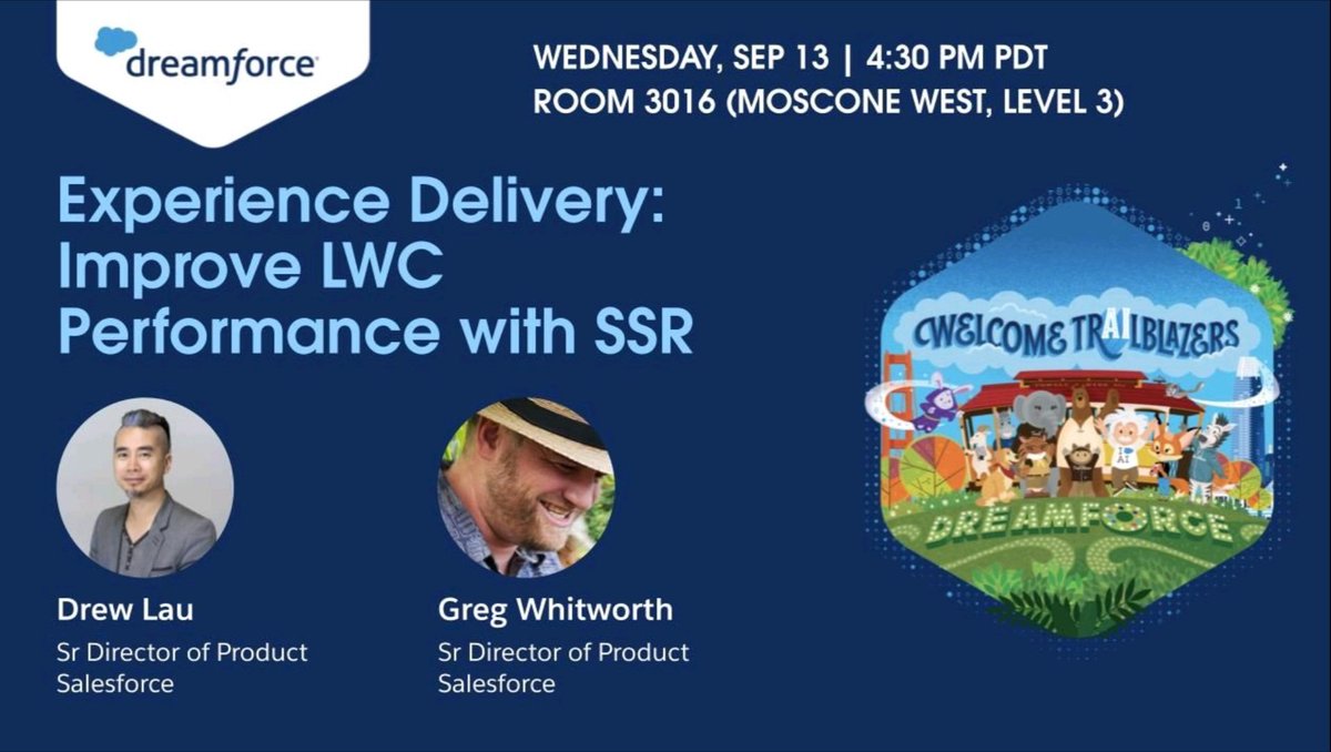 gregwhitworth's tweet photo. Hey @SalesforceDevs come join @drewzie and myself as we show you how to supercharge your LWCs on Experience Delivery with SSR. #Dreamforce23 https://t.co/WN0ujaBdzX