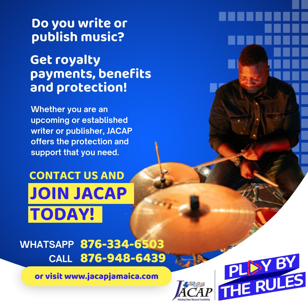 JACAP offers ALL music writers or publishers the protection and support needed. We provide you with royalty payments and other benefits! Become a member today so we can ensure that everyone who uses your music #PlayByTheRules. Visit our website, call or text for more information.
