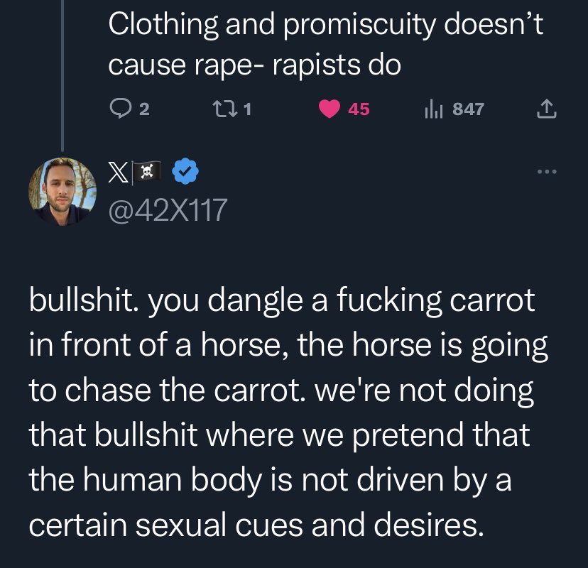 shesbonky's tweet image. Men just straight out saying, with their whole chest, that they are completely helpless when it comes to not raping women.

Also, comparing a whole ass human woman to an inanimate food object is what we call MISOGYNY.