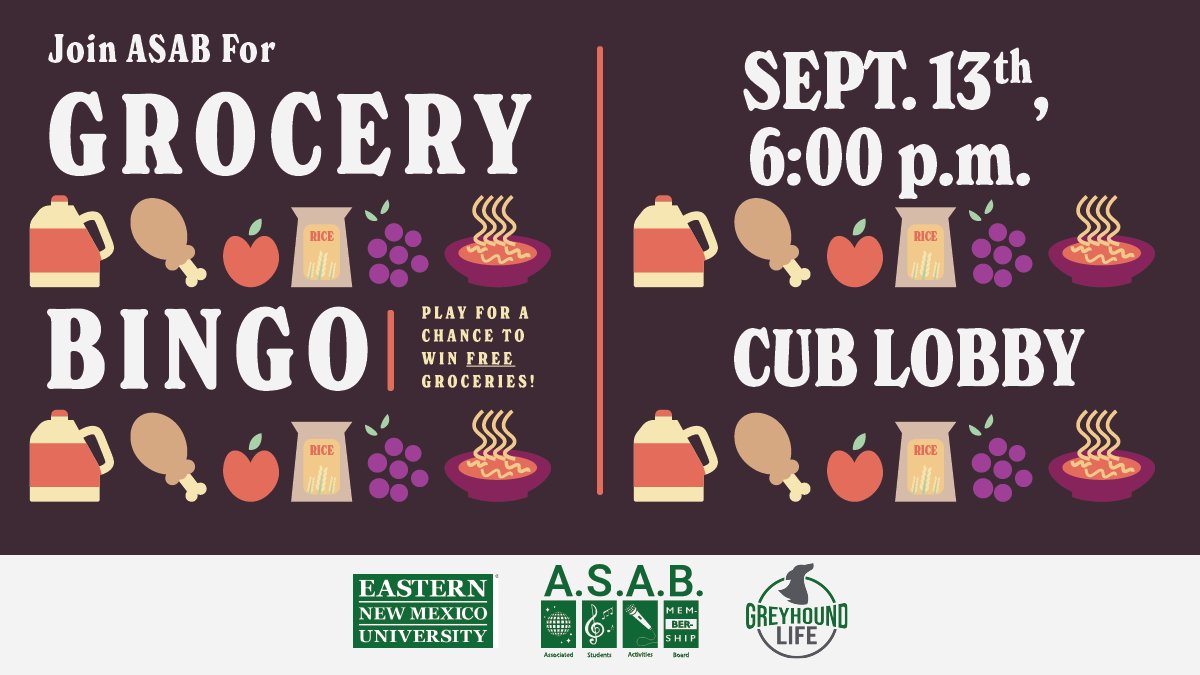 Busy adjusting to campus life? Haven't had time to go shopping? If you answered Yes, stop by the CUB Lobby tomorrow at 6 pm and win yourself some groceries in ASAB's grocery bingo!!! #enmu #bingo #groceryshopping
