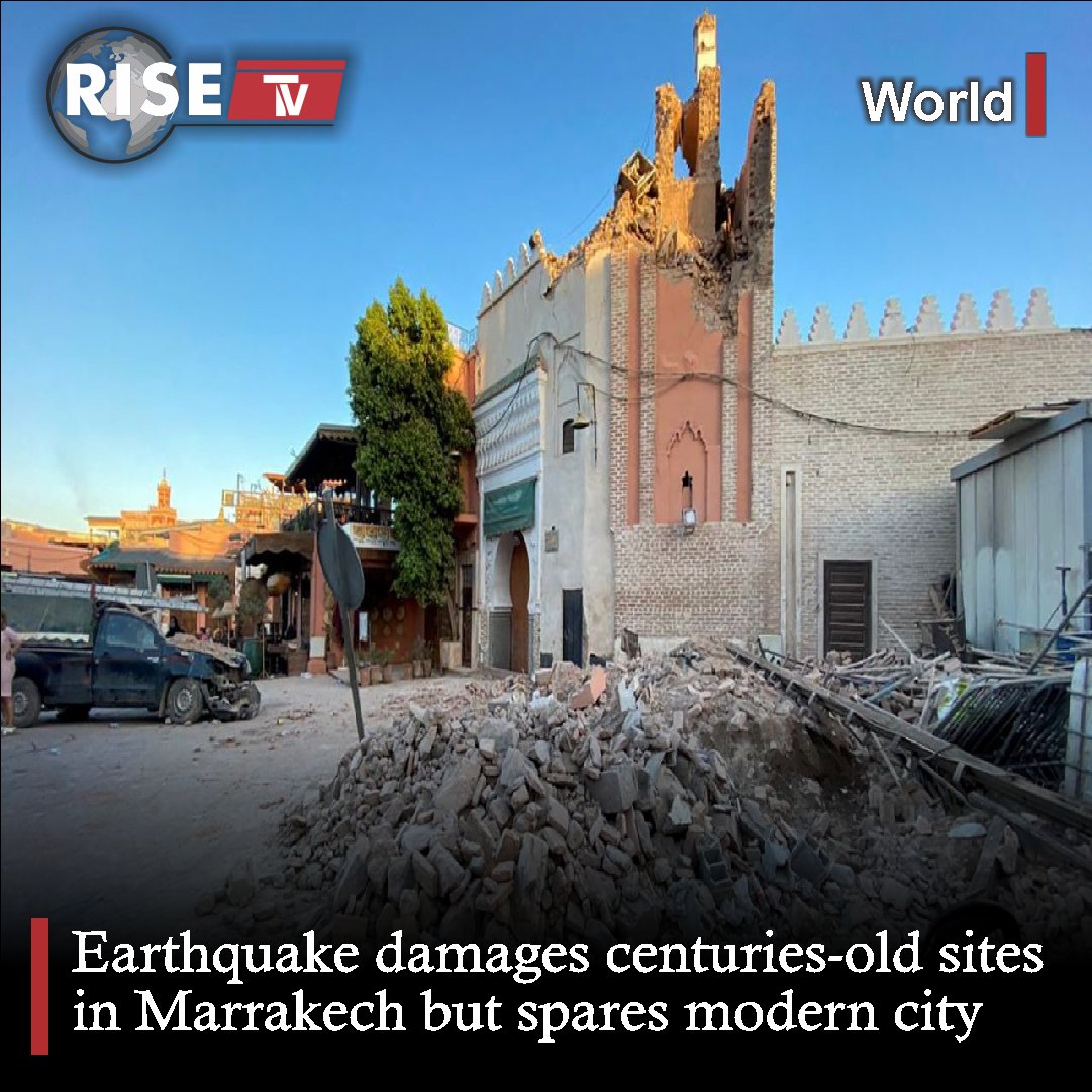 💔🕌 An earthquake devastates a cherished mosque at the heart of Marrakech's historic quarter, once a place of solace for traders. The beautiful tower, adorned with white triangles, now stands in ruins. 🇲🇦⛏️ #MarrakechQuake #CulturalLoss 🌍💔 Our thoughts are with the community.