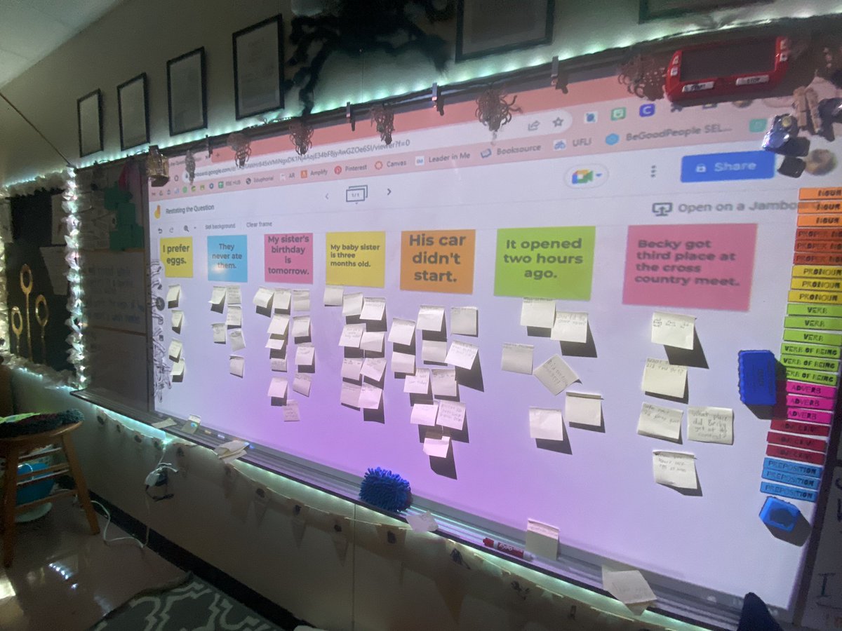 Intro to restating the question in our statements! We wrote questions that could have been asked in order to give the responses on the board. Such an amazing conversation about which statements were easier to determine the question based on the key words they included.
