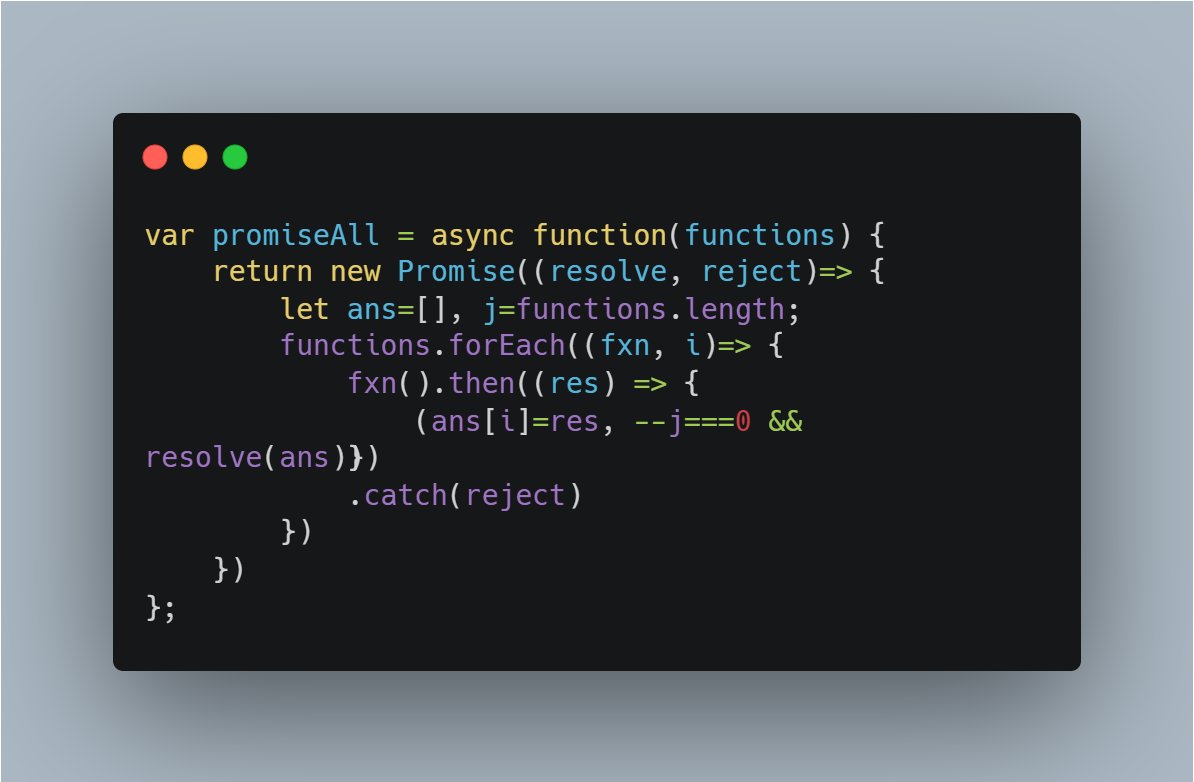 Day: 12
This code defines an async function called promiseAll(). This function takes an array of functions as input and returns a promise that resolves with an array of the results of the functions.
#AlgorithmSeptember #WebDev #JavaScript #Algorithms
@RebaseAcademy
#30daysAlgo