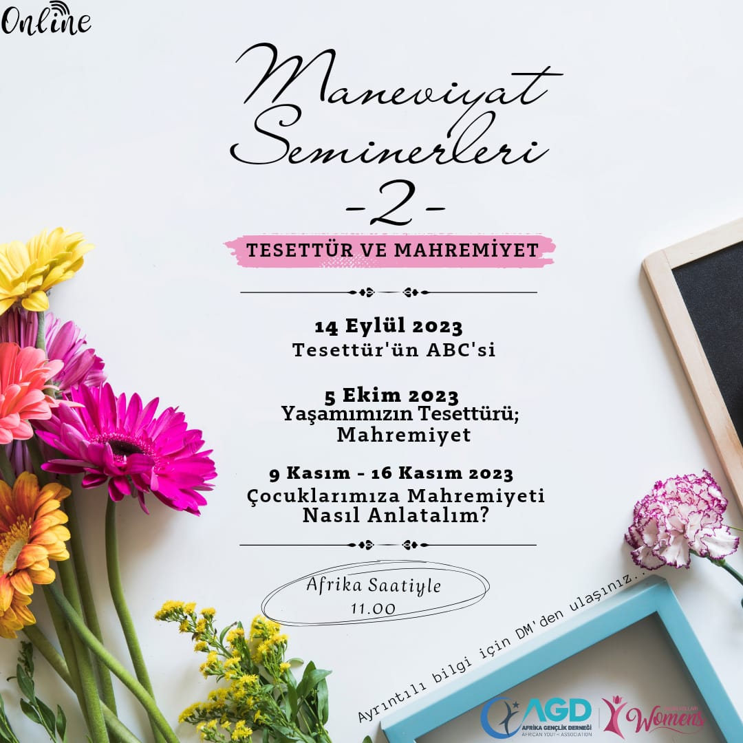 Online Maneviyat Seminerlerimiz 'Tesettür ve Mahremiyet' isimli ikinci serisi ile devam etmektedir. 'Tesettür ve Mahremiyet' seminerlerimizin ilki 14 Eylül Perşembe günü gerçekleştirilecektir. Tüm hanım kardeşlerimizin katılımını heyecanla bekliyoruz. ☺️🌺

#maneviyatseminerleri