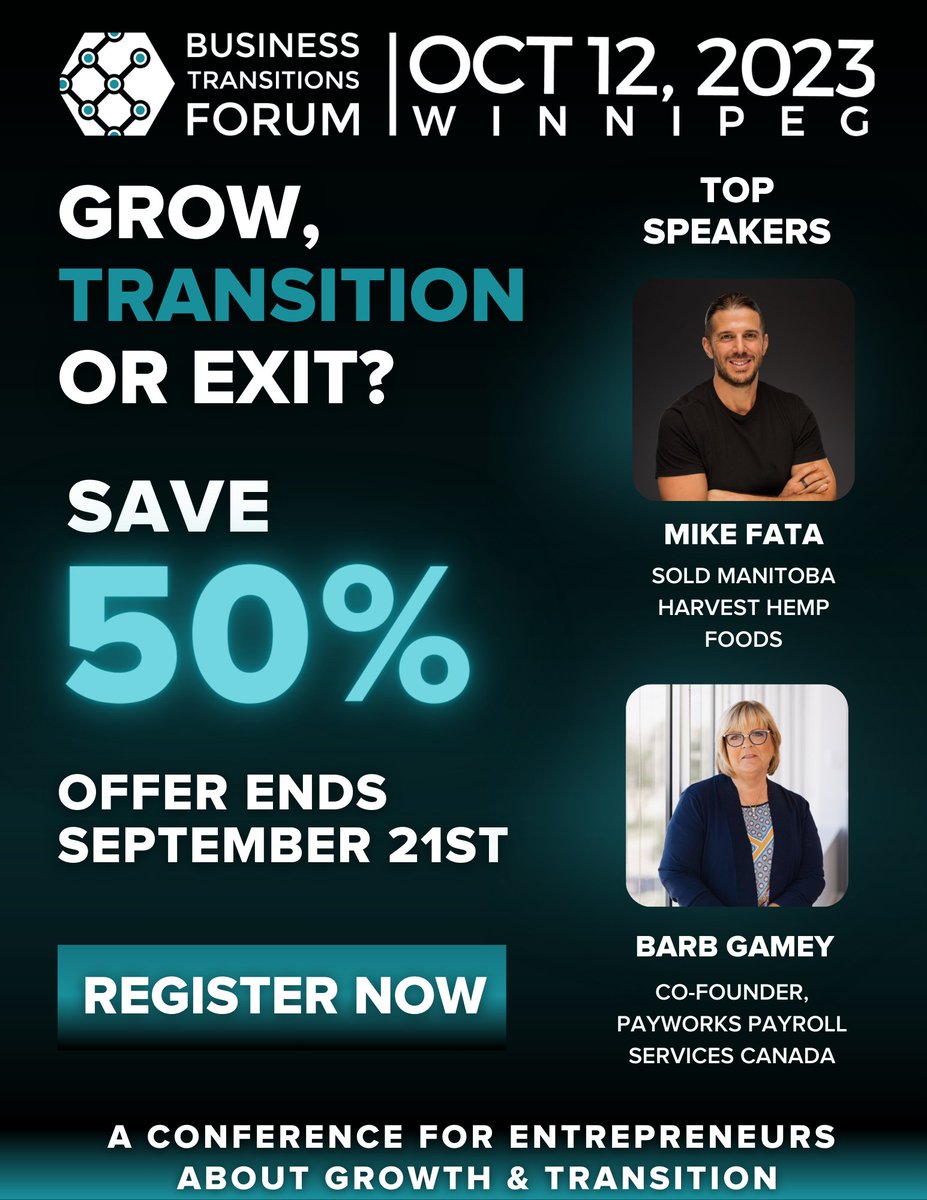 (2/3) We are proud to be a sponsor of this <a href="/BT_Forum/">Business Transitions Forum</a> event that will bring together renowned entrepreneurs, including <a href="/themikefata/">Mike Fata</a> (Former Owner of <a href="/manitobaharvest/">Manitoba Harvest</a>), Bob Tallman (Executive Chair of <a href="/princessauto/">princessauto</a>), and TEC Canada Chair, Joanne Sigurdson (<a href="/746kildonan/">Joanne Sigurdson</a>)!