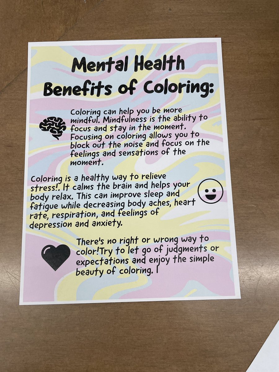 ChelseaSoetaert's tweet photo. Day 2 of Suicide Awareness and Prevention week activity: Calm Coloring!! Coloring is a great way to relax, be creative and practice mindfulness. Positive coping skills are key to suicide prevention! #mySTMSrocks #OPS233 #schoolcounseling #mentalhealth https://t.co/roMaWsp8I0