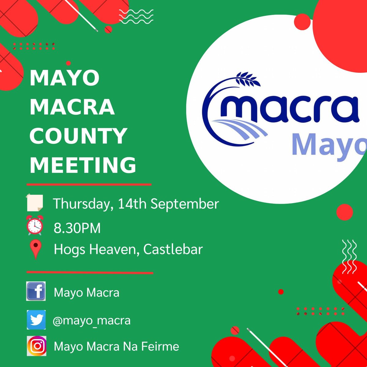 Mayo Macra (@mayo_macra) on Twitter photo We're holding our monthly County Meeting this Thursday night in Hogs Heaven, Castlebar at 8.30pm. All welcome! #macra We're holding our monthly County Meeting this Thursday night in Hogs Heaven, Castlebar at 8.30pm. All welcome! #macra