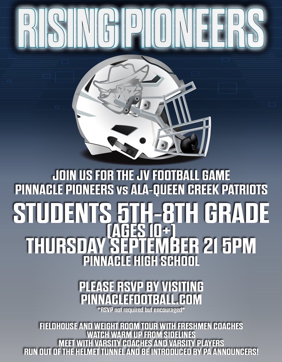 PinnaclePioneer's tweet photo. Rising Pioneers!
Students in 5th-8th grade (Ages 10+)
Please join us Thursday September 21st at the JV Football game 
Pinnacle Pioneers vs
ALA Queen Creek Patriots

Meet the Frosh coaches, Varsity coaches and players, and join us for warm up on the field and run thru the Helmet before kickoff!

Registration link in our bio!
