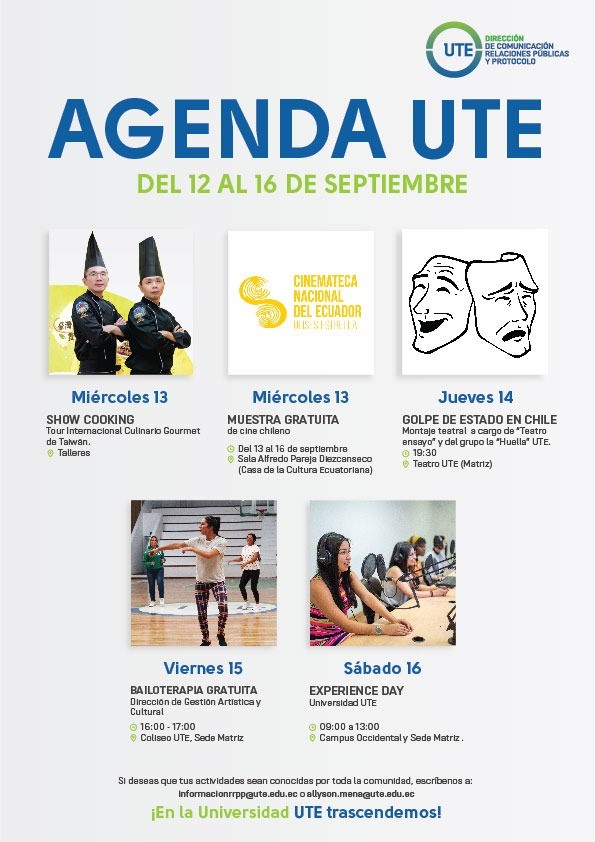 #UTEinforma I Te presentamos la agenda de la <a href="/UTEoficial/">Universidad UTE</a> para esta semana👇
🧑‍🍳Show cooking - Tour Internacional Culinario de 
       Taiwán.
        🎞️Muestra gratuita de cine chileno.
🎭Montaje teatral del grupo la “Huella” UTE.
        🕺 Bailoterapia gratuita.
🟢Experience Day